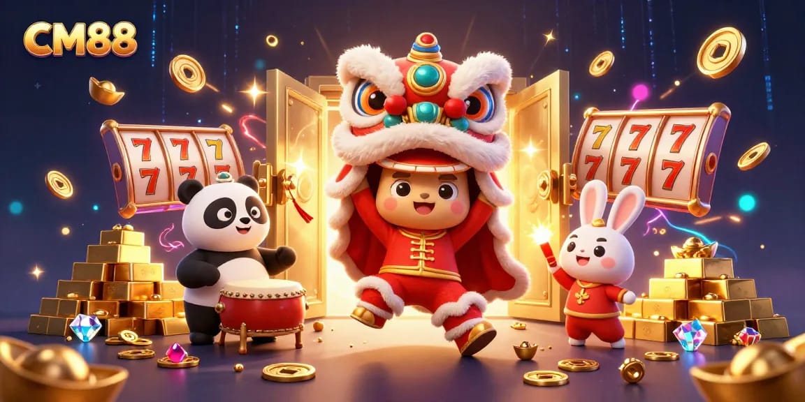 CM88 engages players in a vibrant casino scene filled with excitement, slot machines, and festive characters.