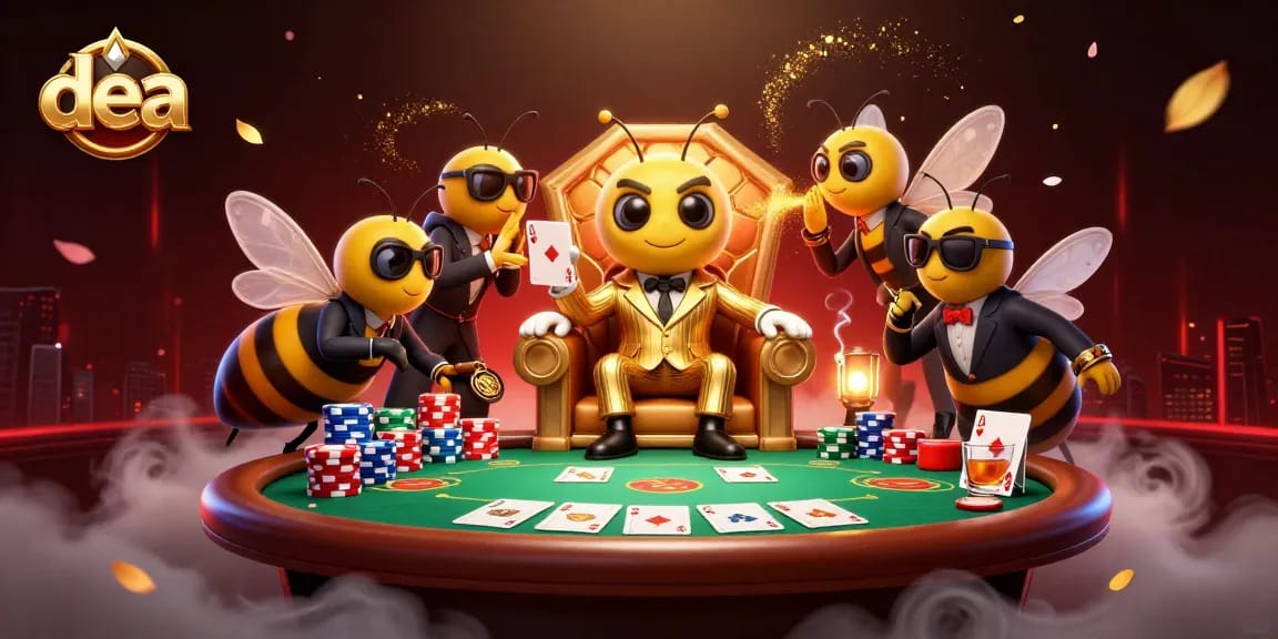 Play at dea's vibrant credit card casino scene with a buzzing bumblebee mob boss and poker elements.