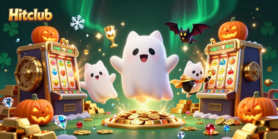 Join in the excitement at Hitclub, where a ghost cat and vampire bat navigate a lavish casino scene filled with treasures.