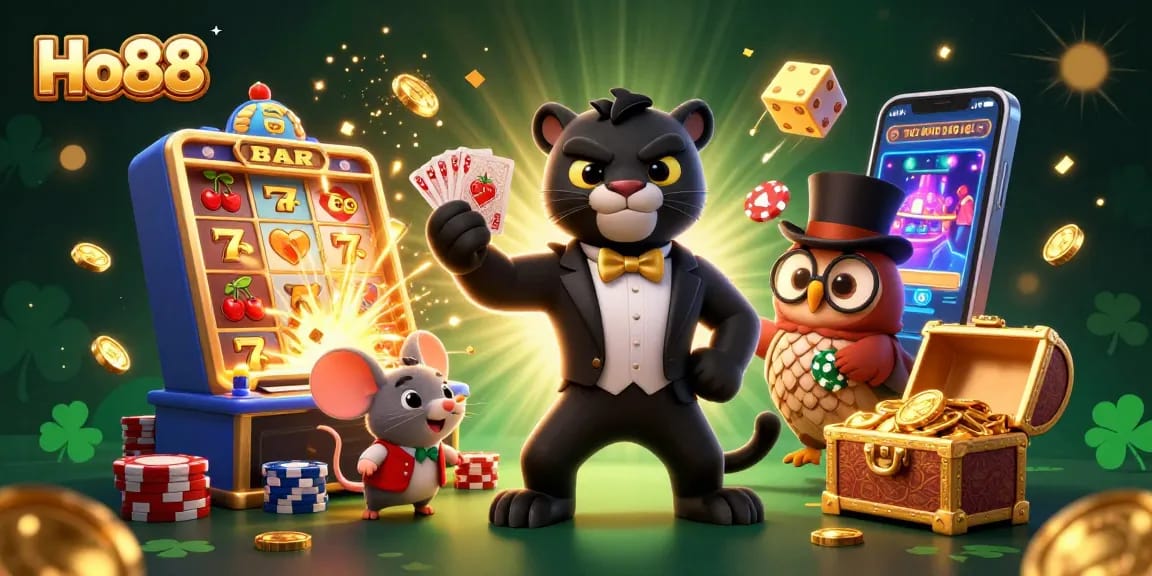 Experience thrilling gaming with Ho88, showcasing a charming scene complete with a stylish dealer and vibrant casino elements.