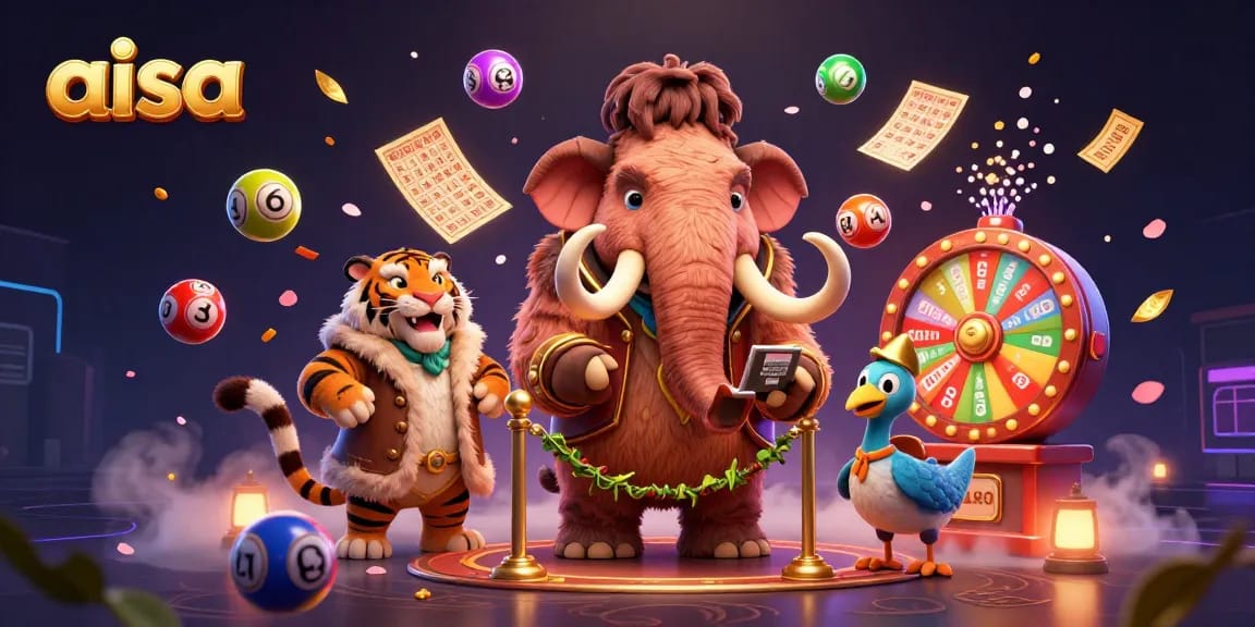 Aisa features a vibrant 3D casino scene with a woolly mammoth bouncer, saber-tooth tiger, and energetic lottery elements.