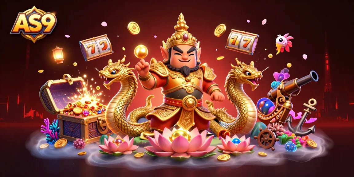 Win big with AS9 in a vibrant 3D casino scene featuring lucky symbols and treasures.