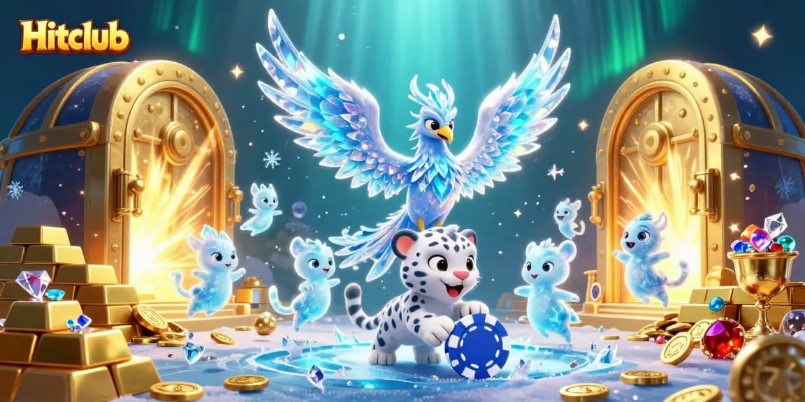 Hitclub showcases a vibrant 3D casino scene with an ice phoenix, treasures, and sparkling gems.