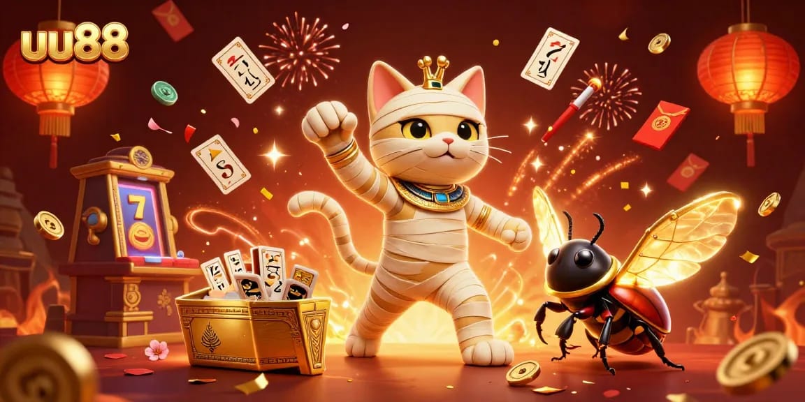 Join the excitement of uu88 with a vibrant casino scene featuring a mummy cat and glowing scarab!