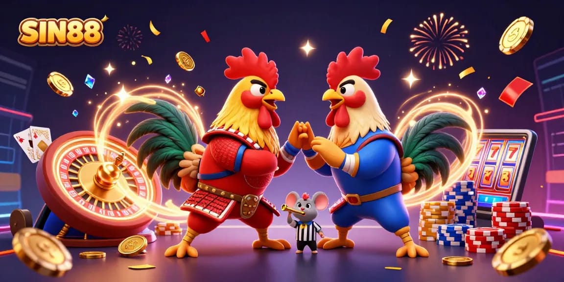 SIN88 showcases dynamic fighting roosters amidst a lively casino backdrop filled with gold coins and shining gems.