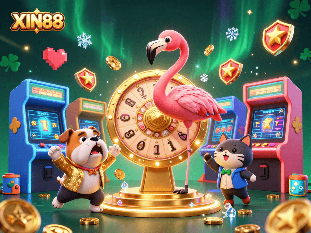 XIN88 game show scene showcasing excitement with flamingo host, bulldog contestant, and cat assistant in a casino setting.