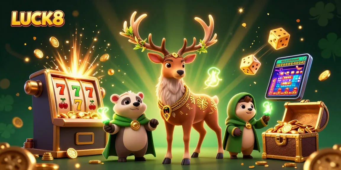 Luck8 celebrates winning moments with a vibrant casino scene featuring a druid stag, badger, and dynamic gaming elements.