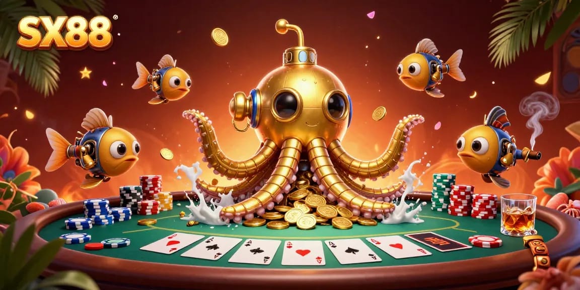 SX88 shows an exciting gambling scene with a golden kraken submarine amidst poker elements, capturing vibrant casino energy.