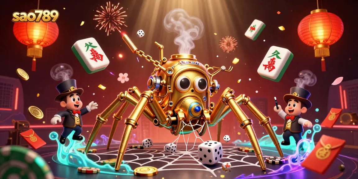 Sao789 enhances gambling excitement with a golden spider and intricate web in a vibrant casino scene.