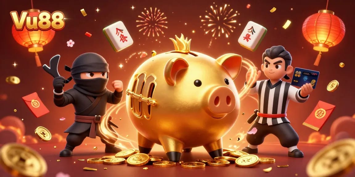 Experience high-stakes action with Vu88's dynamic casino showdown featuring a golden sumo wrestler.