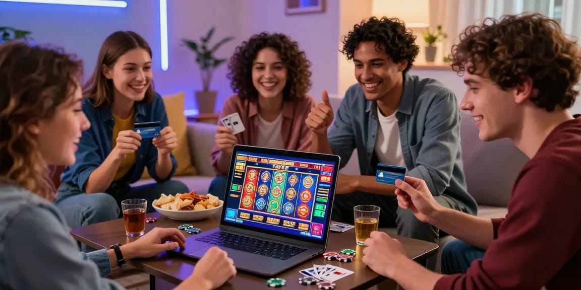 Exciting group of friends enjoying online casinos that accept credit cards in a cozy living room setting.