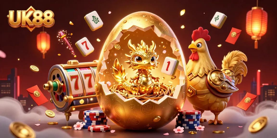 Experience the thrilling world of UK88 with a dynamic 3D illustration featuring vibrant slots and a golden dragon.