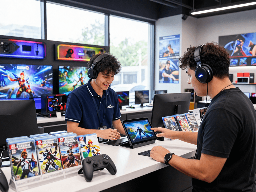 Interactive shopping experience at https://rokok88.com with staff and customer exploring new game titles.
