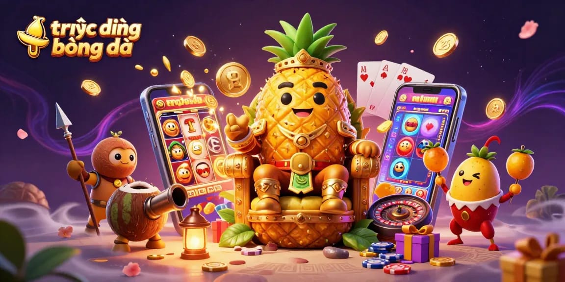Experience thrilling trực tiếp bóng đá action with the golden pineapple king and dynamic gambling elements in a vibrant casino scene.