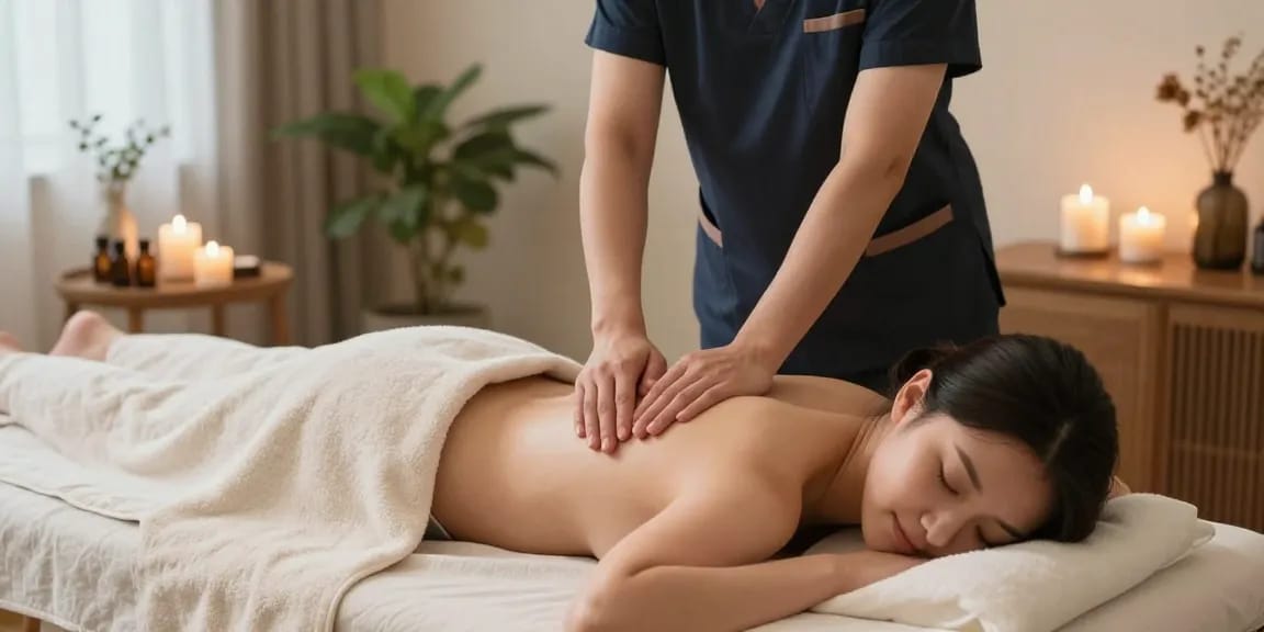 부천출장마사지 session in a tranquil home environment with professional therapist.