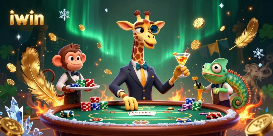 Win big with iwin at a lively poker table scene featuring animated characters and vibrant casino elements.