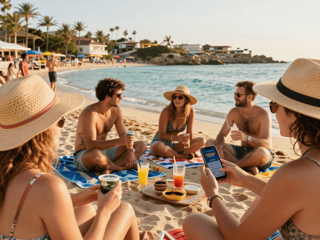 Diverse group enjoying a coastal retreat discussing non UK casinos at the beach with clear water and sunshine.