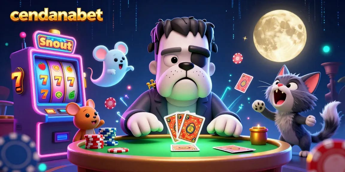 Cendanabet showcases a vibrant 3D scene of a Frankenstein bulldog monster dealing cards among lively slot machines and playful characters.