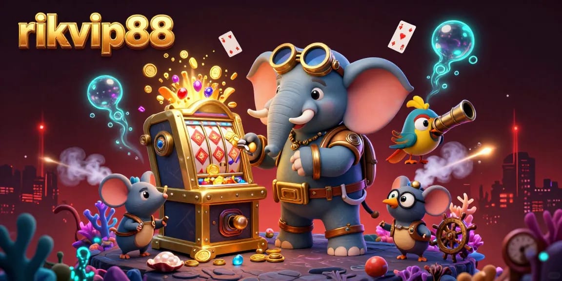 Spin the golden slot machine with rikvip88 in this vibrant underwater scene featuring a steampunk elephant engineer.
