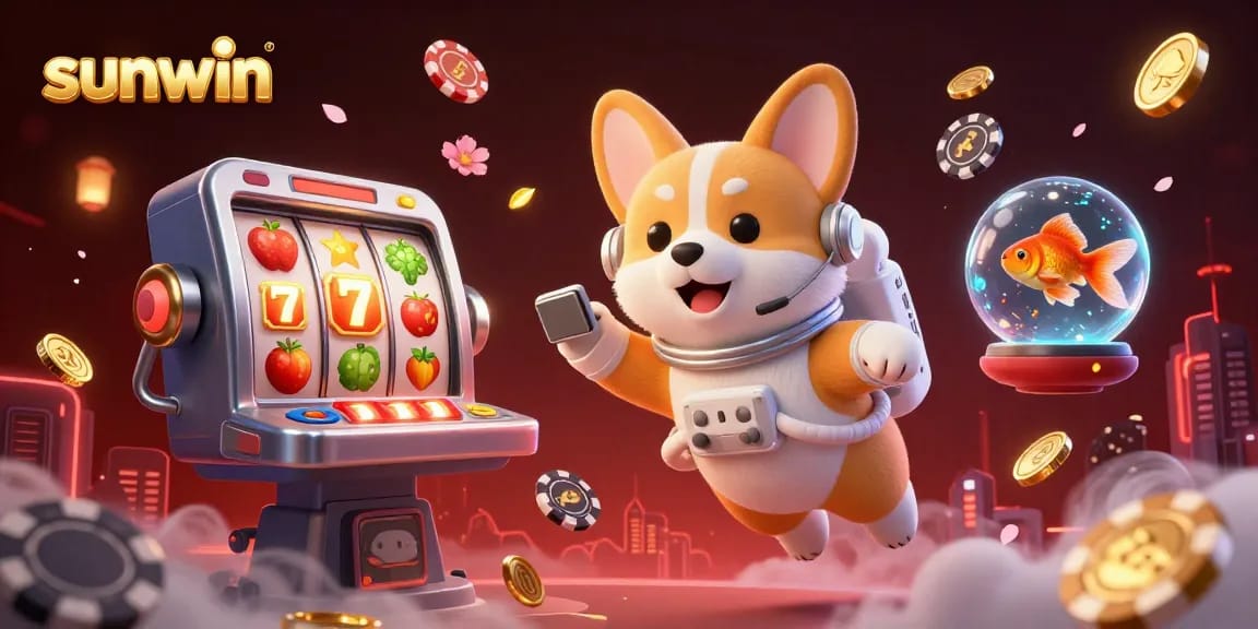 Join the fun at sunwin as a corgi explores a vibrant casino in zero gravity with slot reels!