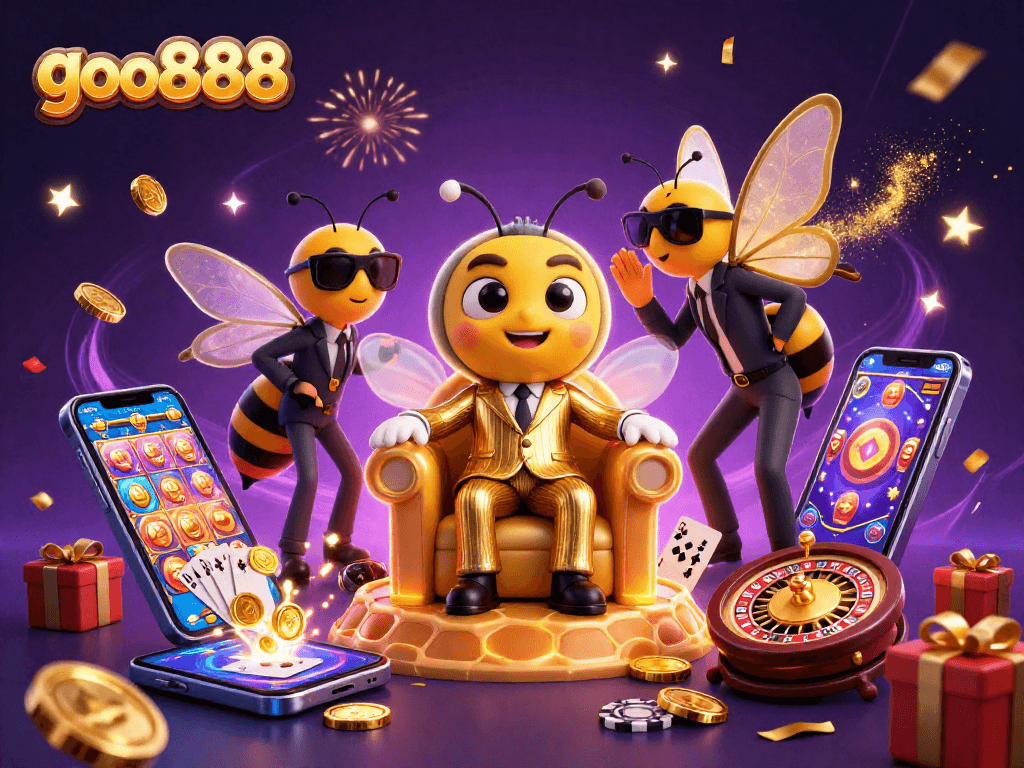 Engage with goo888's vibrant online casino scene featuring an animated bee boss and rich game elements.