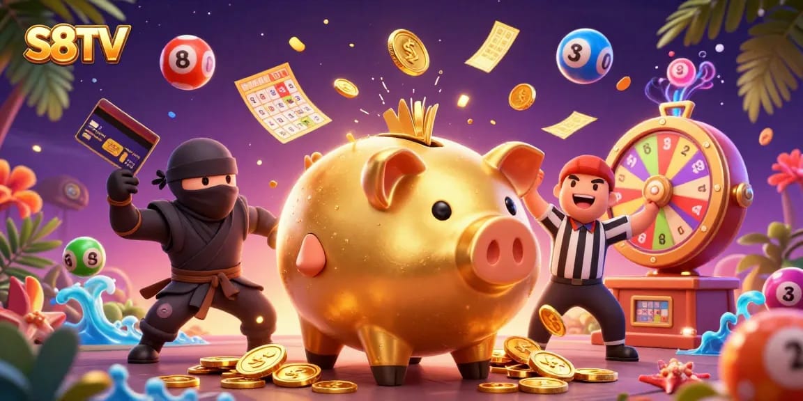 S8TV showcases an exciting scene with a sumo wrestler piggy bank and dynamic casino elements, creating a thrilling gaming atmosphere.
