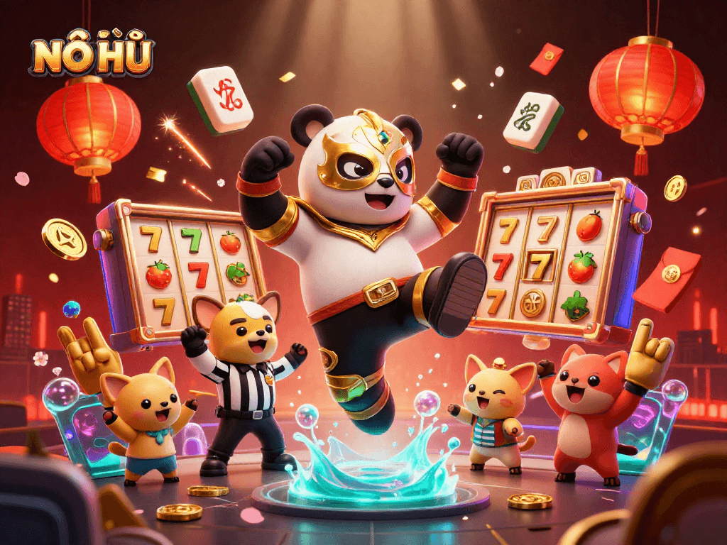 NỔ HŨ slots animation features exciting scenes with a panda wrestler and animal spectators cheering.