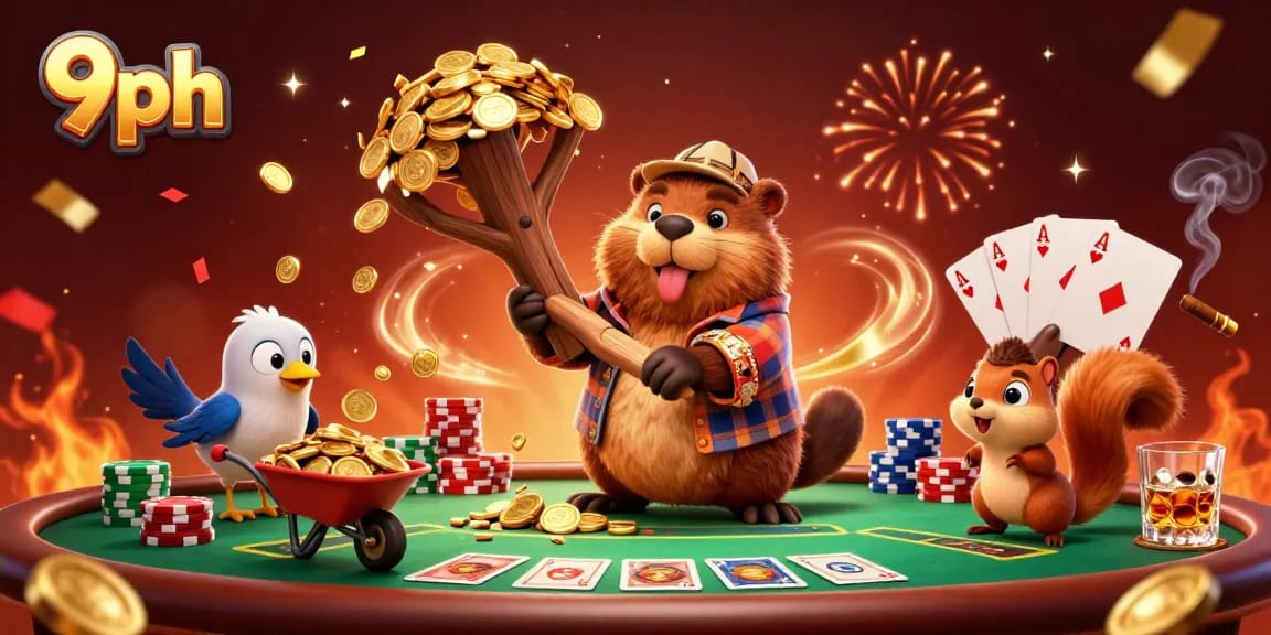 Experience the excitement of 9ph with golden coin rains, poker action, and cartoon fun.
