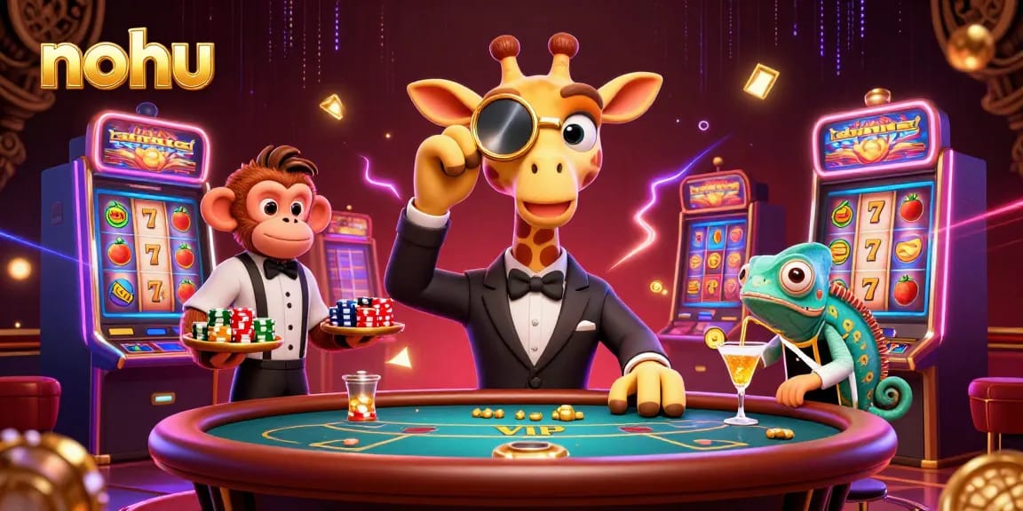 Experience thrilling gameplay at nohu with a high-roller giraffe, monkey valet, and chameleon bartender.