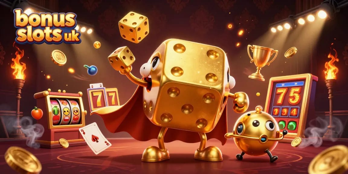 Engage with bonus buy slots uk in a vibrant casino scene featuring dynamic golden dice and animated slot elements.