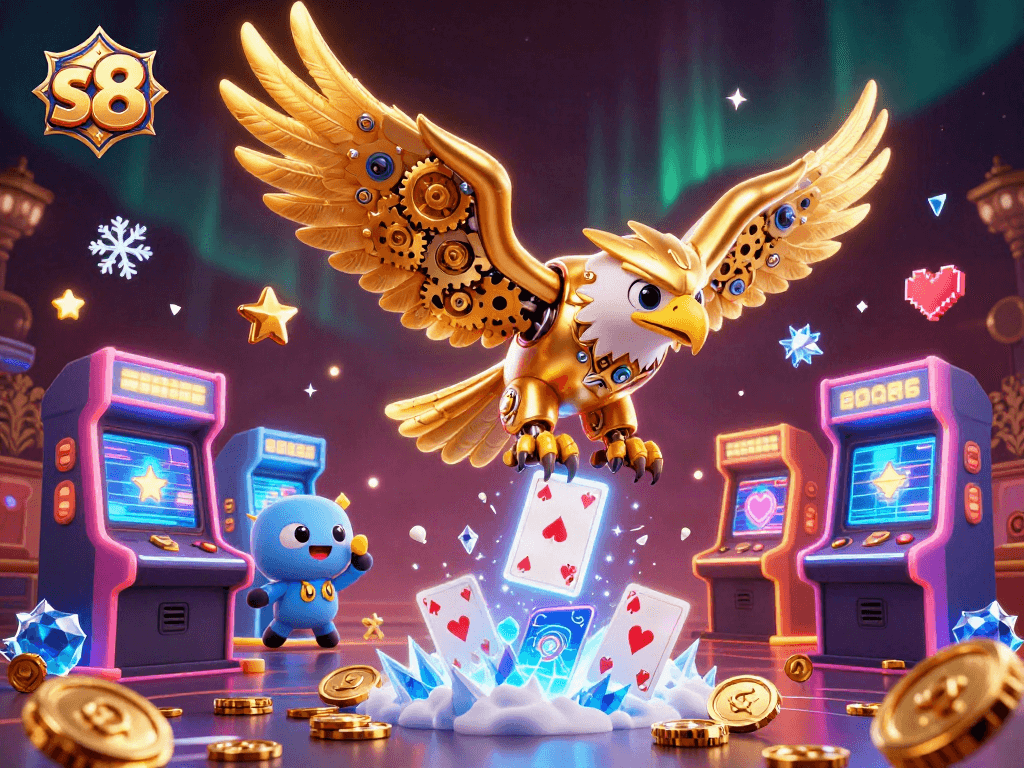 s8's vibrant gaming world features a cybernetic eagle diving among holographic cards.