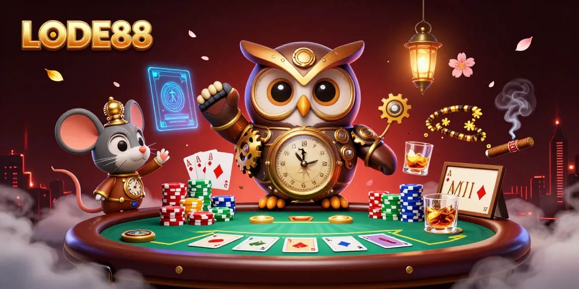 Experience the excitement of LODE88 with a vibrant casino scene featuring our steampunk owl.