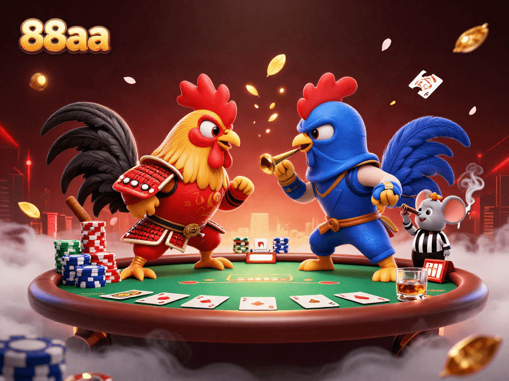 88aa showcases a fierce standoff between cartoon roosters as they battle at a poker table.