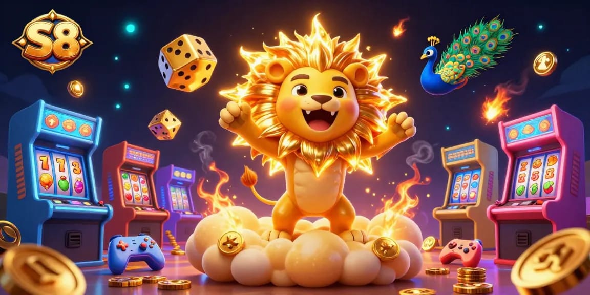 S8 gaming scene featuring a lion and golden dice amidst dynamic slot visuals in a vibrant casino.