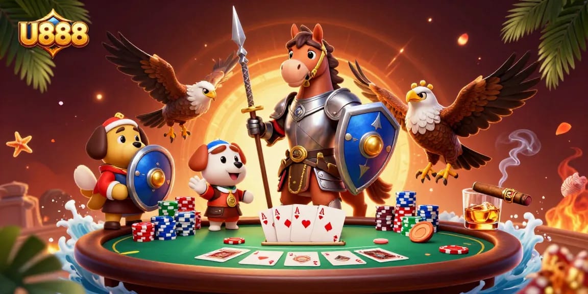 Engage in thrilling poker action with U888 as a medieval knight and companions enjoy a vibrant casino scene.