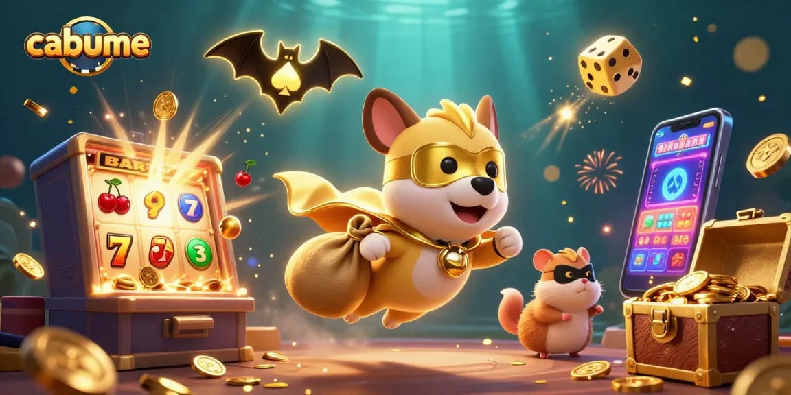 Experience thrilling gameplay with cabume in this vibrant casino adventure illustration featuring dog superheroes and interactive casino elements.