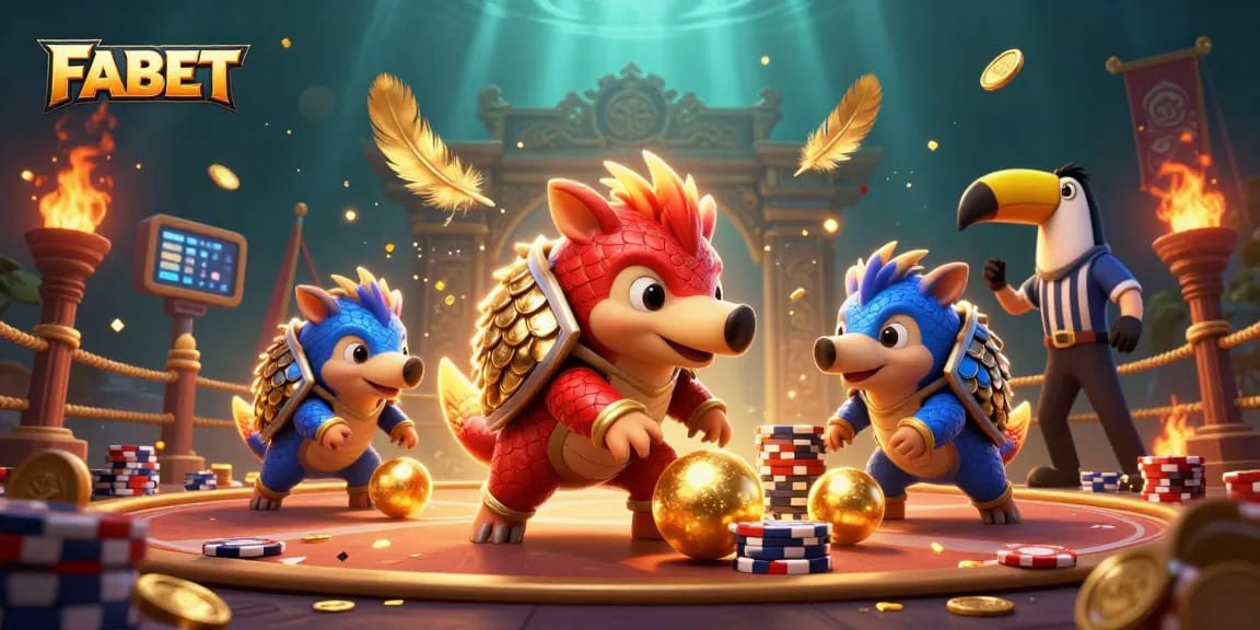 FABET pangolins compete in a dynamic casino-themed battle with poker chips and vibrant effects.