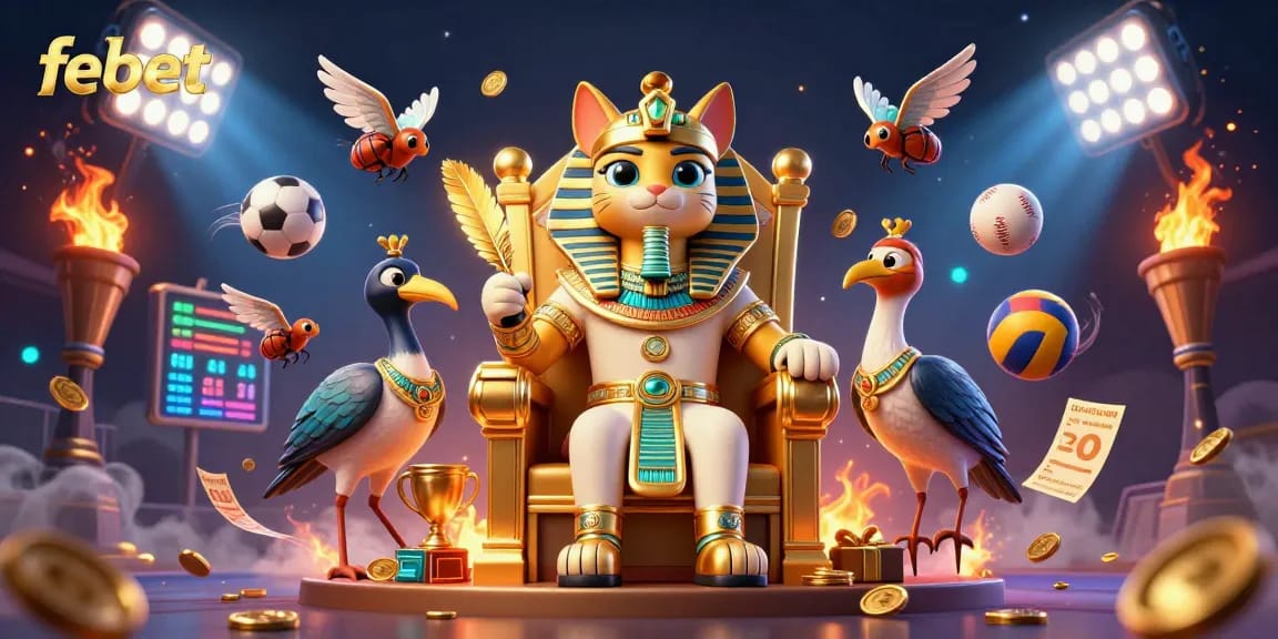 Place bets with febet in a vibrant 3D casino scene filled with sports elements and wealthy characters.