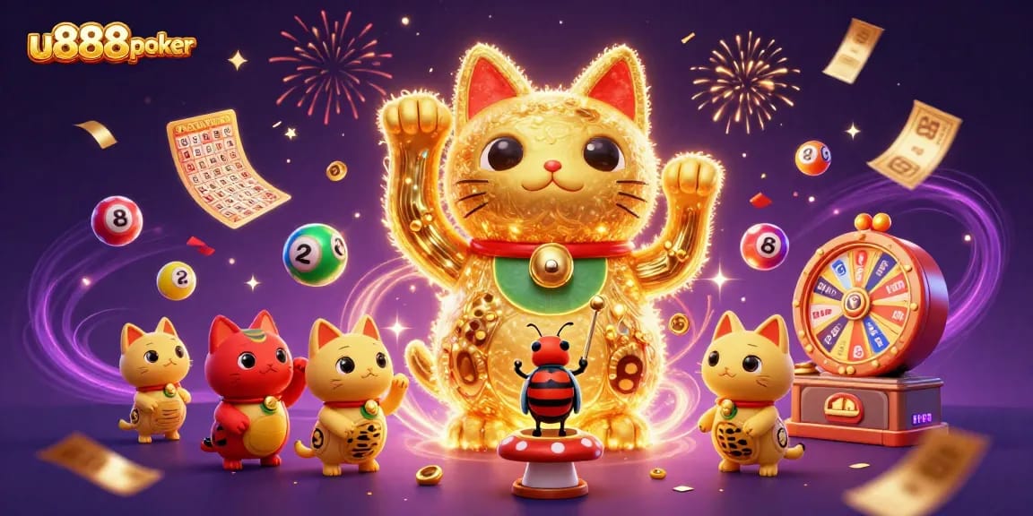 Experience u888poker's lively atmosphere with a golden lucky cat and vibrant gaming elements.