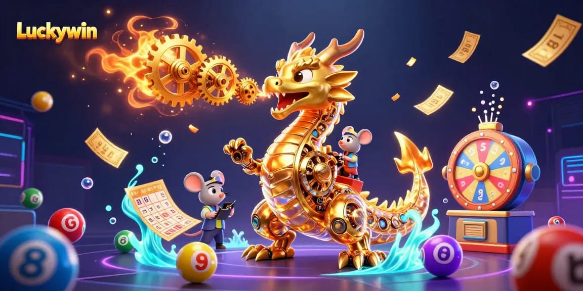 Engage with Luckywin's dynamic gaming scene featuring a golden dragon and lottery elements.