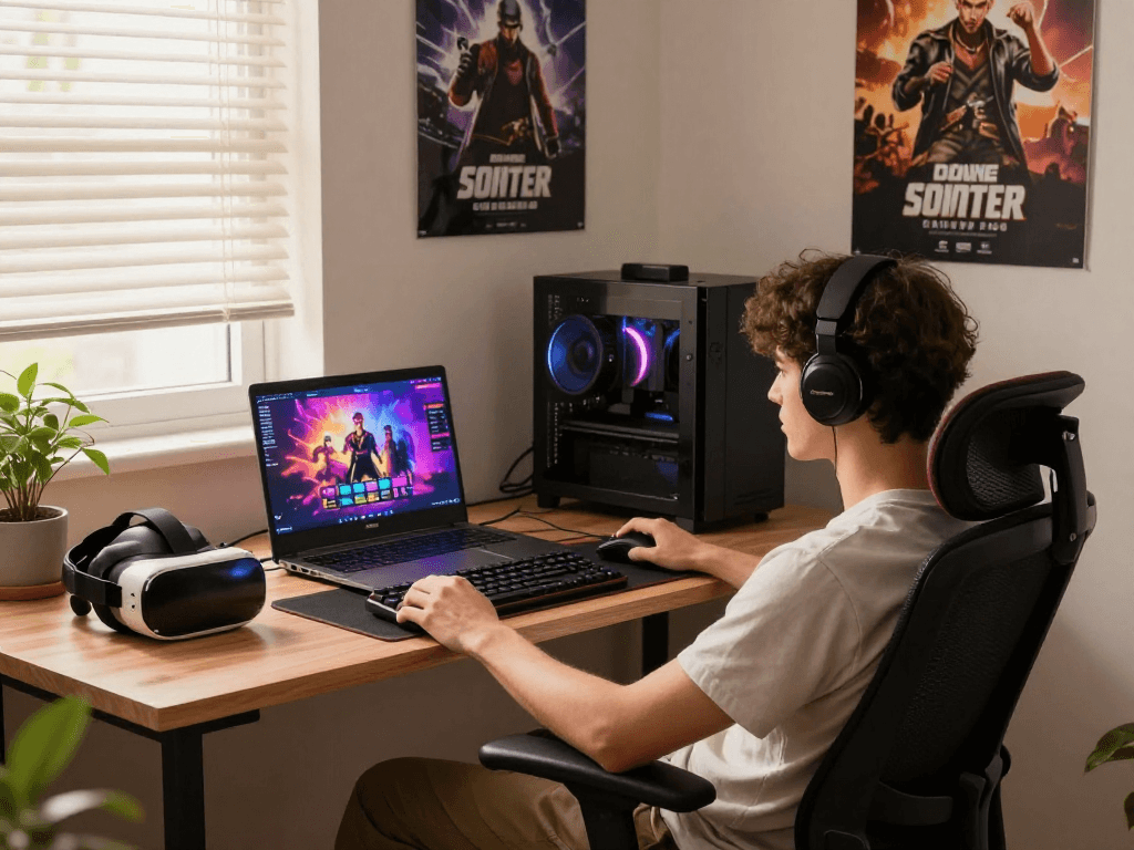 Engaging gaming setup showcasing colorful porn games on a laptop, capturing a relaxed atmosphere perfect for online adult gaming.