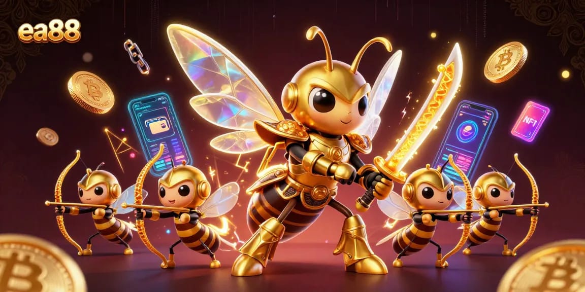 Engage in thrilling online gaming at ea88 with vibrant action featuring a samurai hornet and crypto elements.