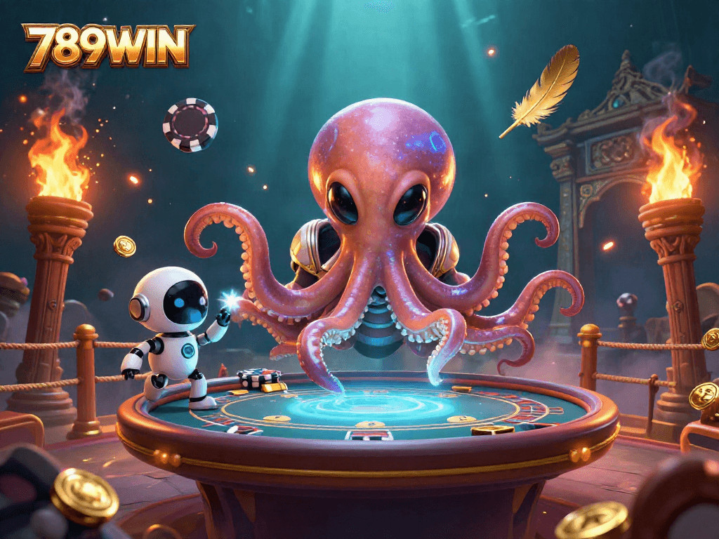 Engage in thrilling poker action with the alien octopus and robot in the vibrant 789WIN scene.