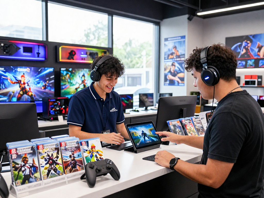 Interactive shopping experience at https://rokok88.com with staff and customer exploring new game titles.