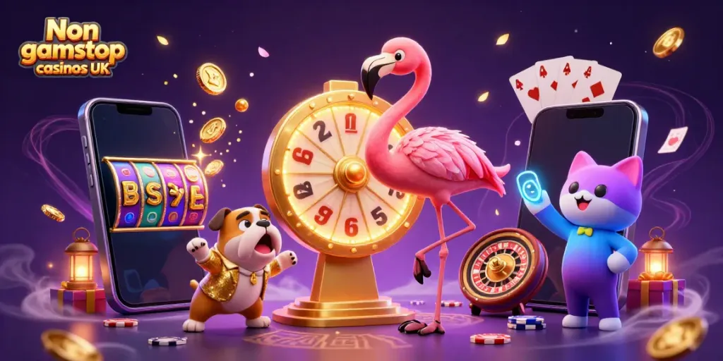 Discover the excitement of Non gamstop casinos UK with this vibrant 3D illustration showcasing dynamic gaming elements and colorful characters.