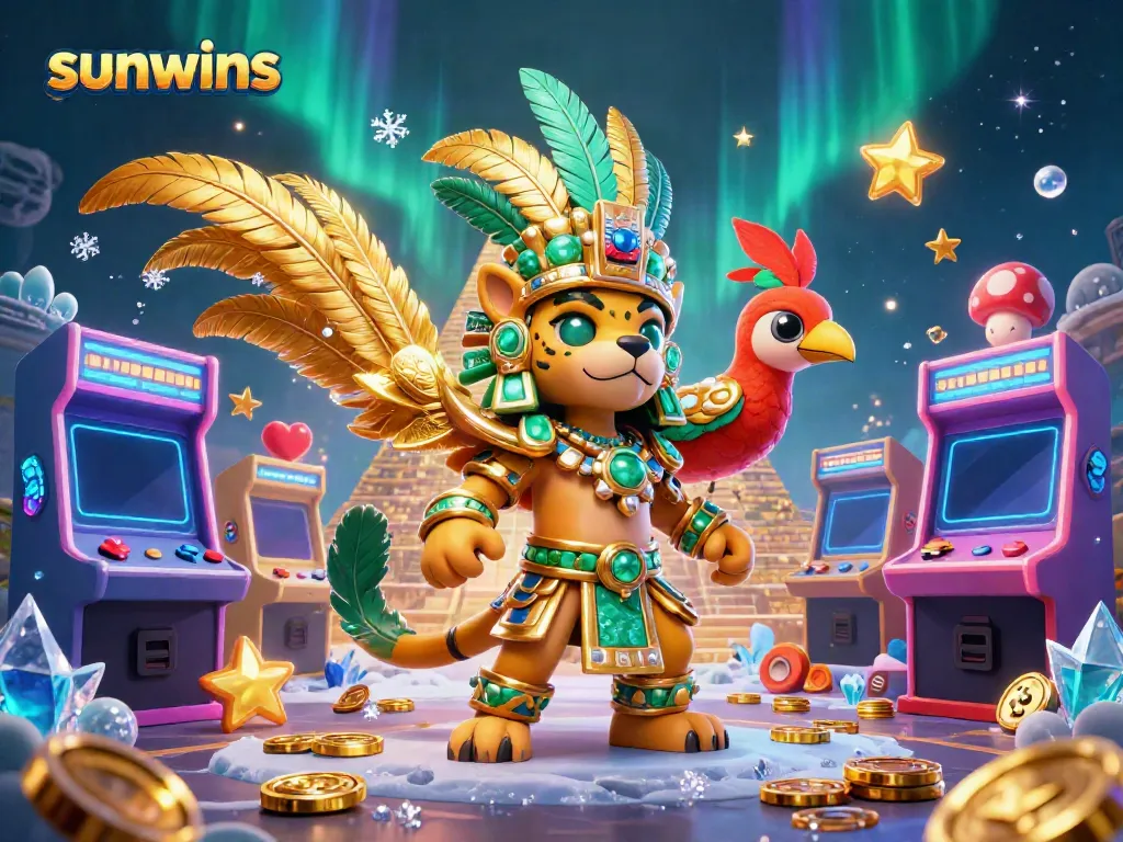 Experience exciting slots and jackpots with sunwins in this vibrant 3D gaming scene featuring mayan characters and arcade themes.
