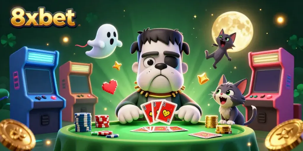 Experience thrilling 8xbet gaming with a spooky card dealing bulldog and mystical elements.