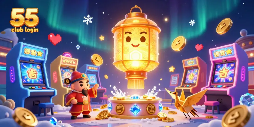Experience seamless access to 55 club login with a dynamic and colorful casino-themed digital scene.