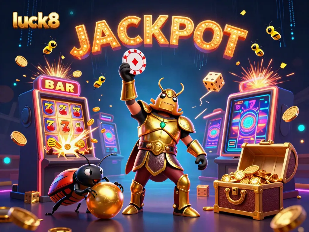 Experience excitement at luck8 with a victorious hercules beetle lifting a poker chip amidst casino treasures.