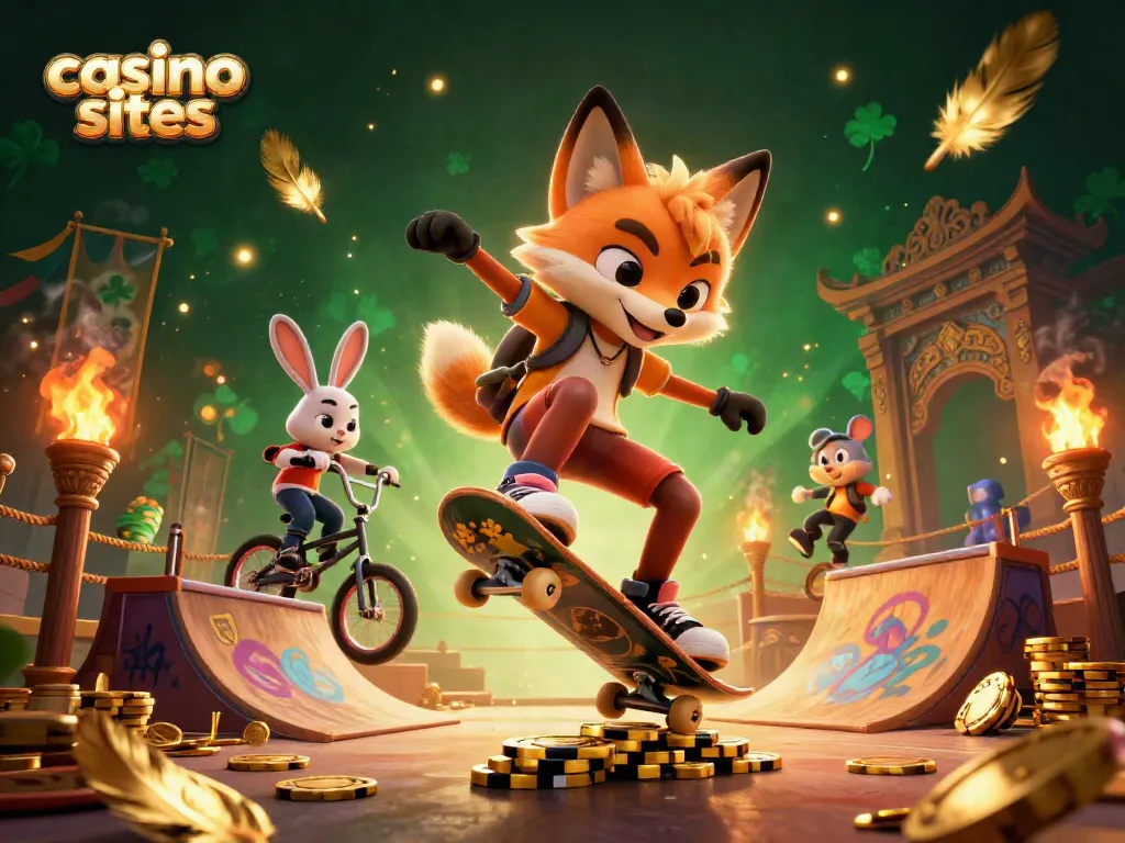 Experience thrilling action with vibrant casino sites featuring a skateboarder fox and BMX rabbit.